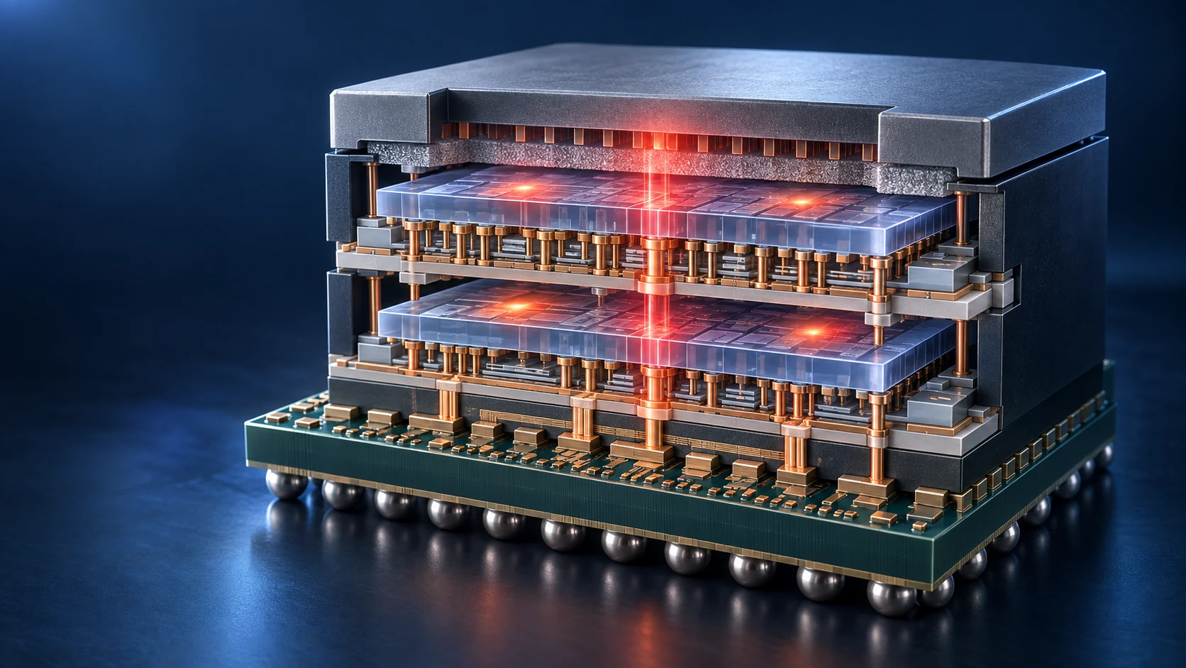 Cutaway rendering of a multilayer 3D integrated circuit with chiplets, interconnects, hybrid bonding, hotspots, and vertical heat-flow paths
