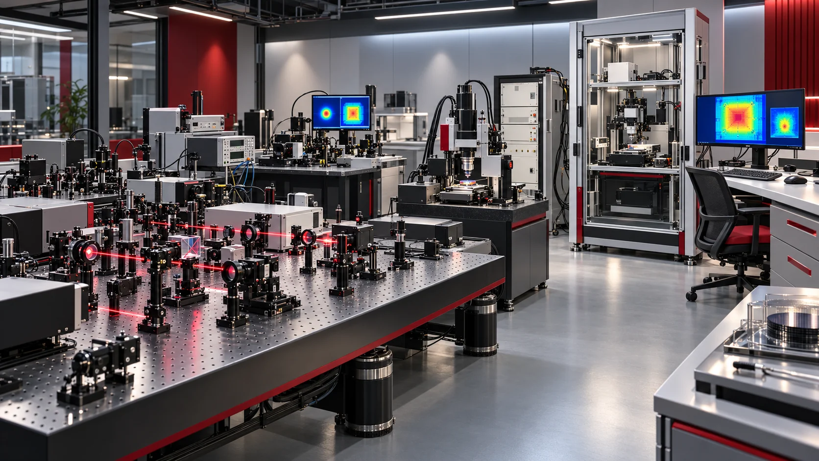 Panoramic view of an advanced thermal-characterization laboratory with optical metrology, microscopy, thermal imaging, and automated measurement systems