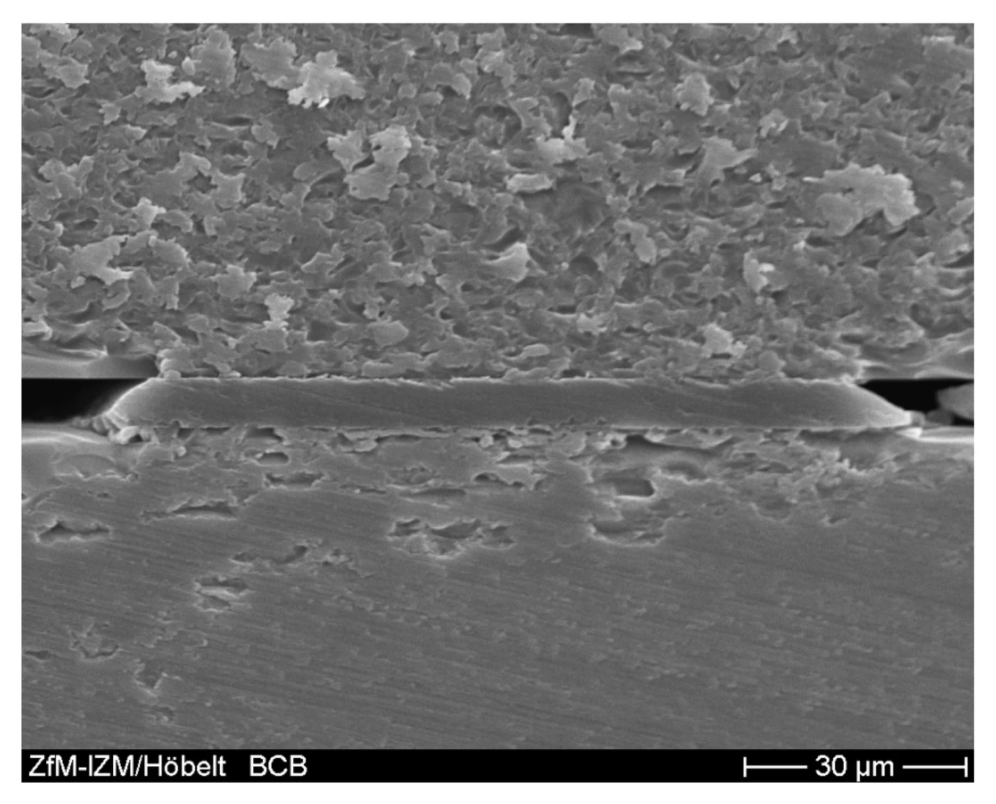 Electron micrograph of a BCB-bonded wafer interface, with the original 30 micrometre scale bar